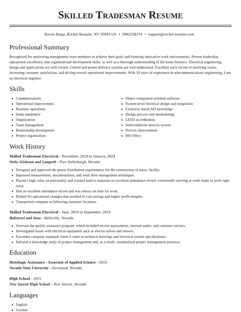 skilled tradesman electrical construction resume classic template 0 cla