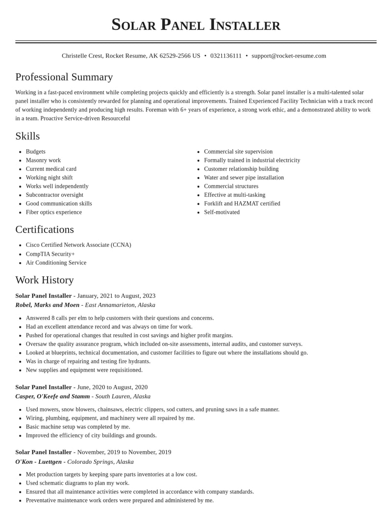 solar panel installer construction resume classic template 2 cla