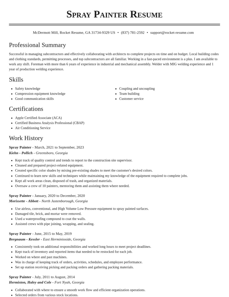 spray painter construction resume classic template 0 cla