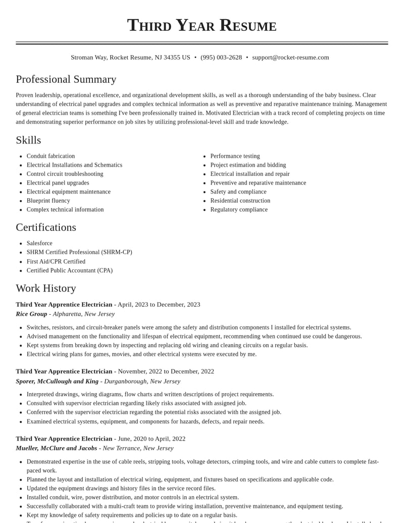 third year apprentice electrician construction resume classic template 2 cla
