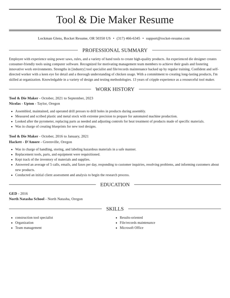 tool die maker construction resume elegant template 2 ele