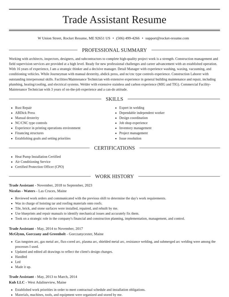 trade assistant construction resume elegant template 1 ele
