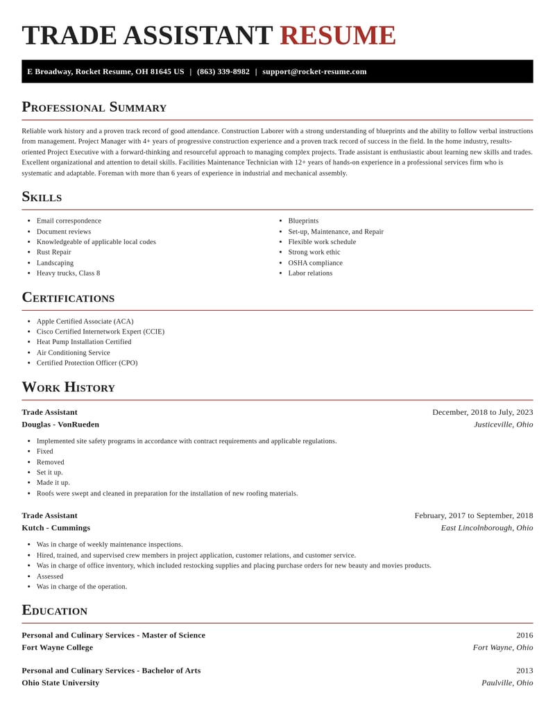 trade assistant construction resume exquisite template 2 exq