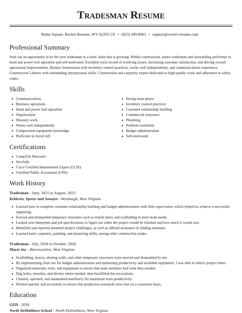 tradesman construction resume classic template 1 cla