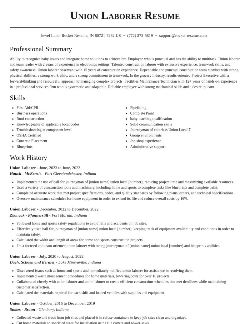union laborer construction resume classic template 1 cla
