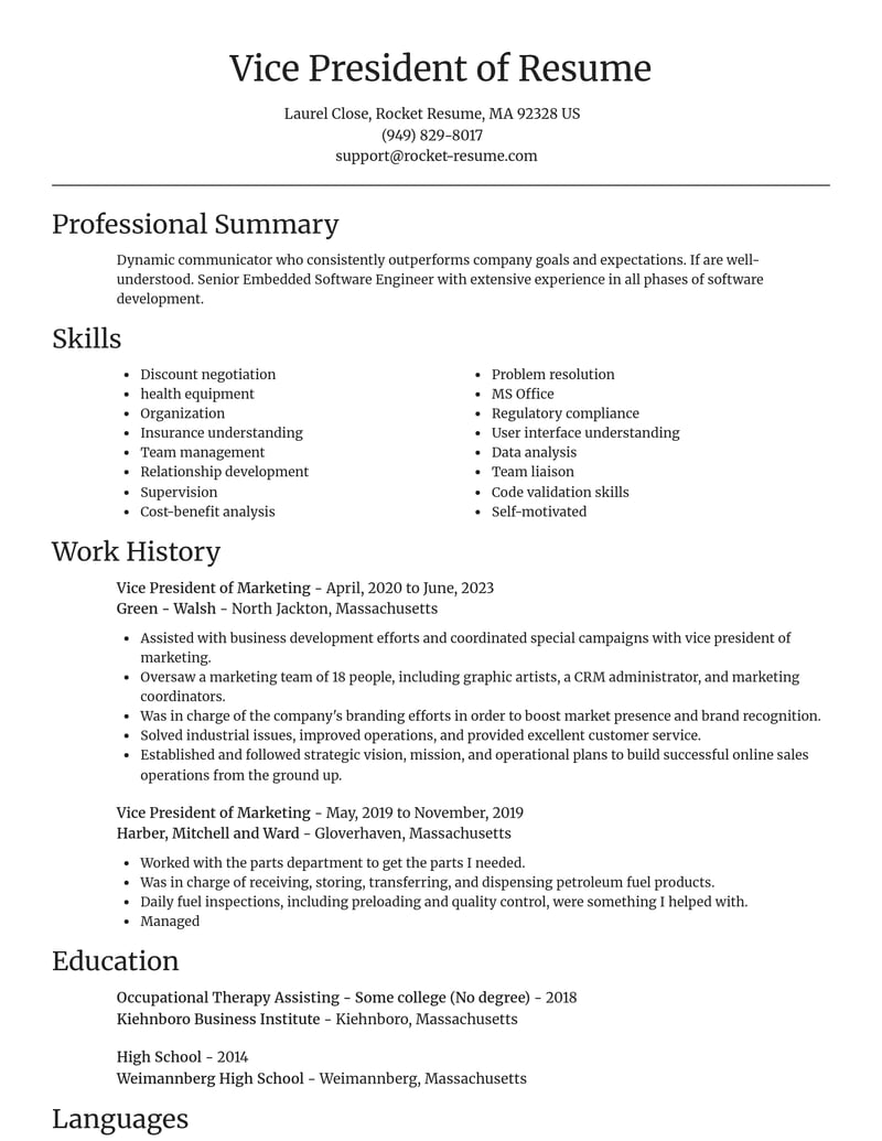 vice president of marketing construction resume focal point template 2 foc