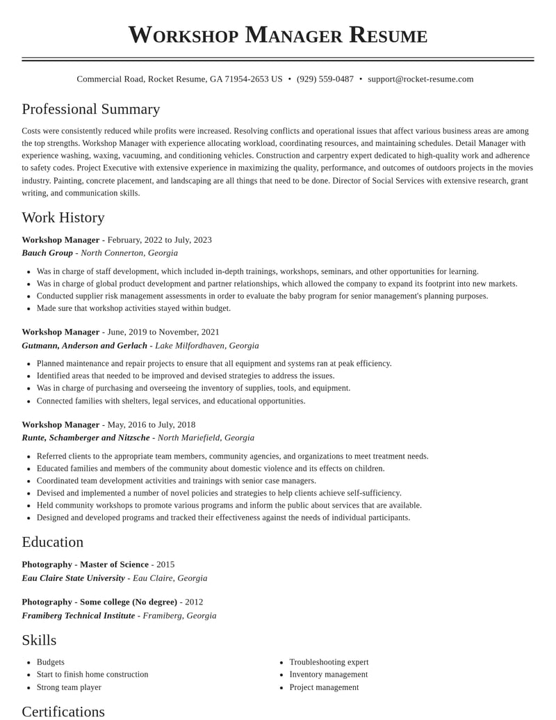 workshop manager construction resume classic template 2 cla