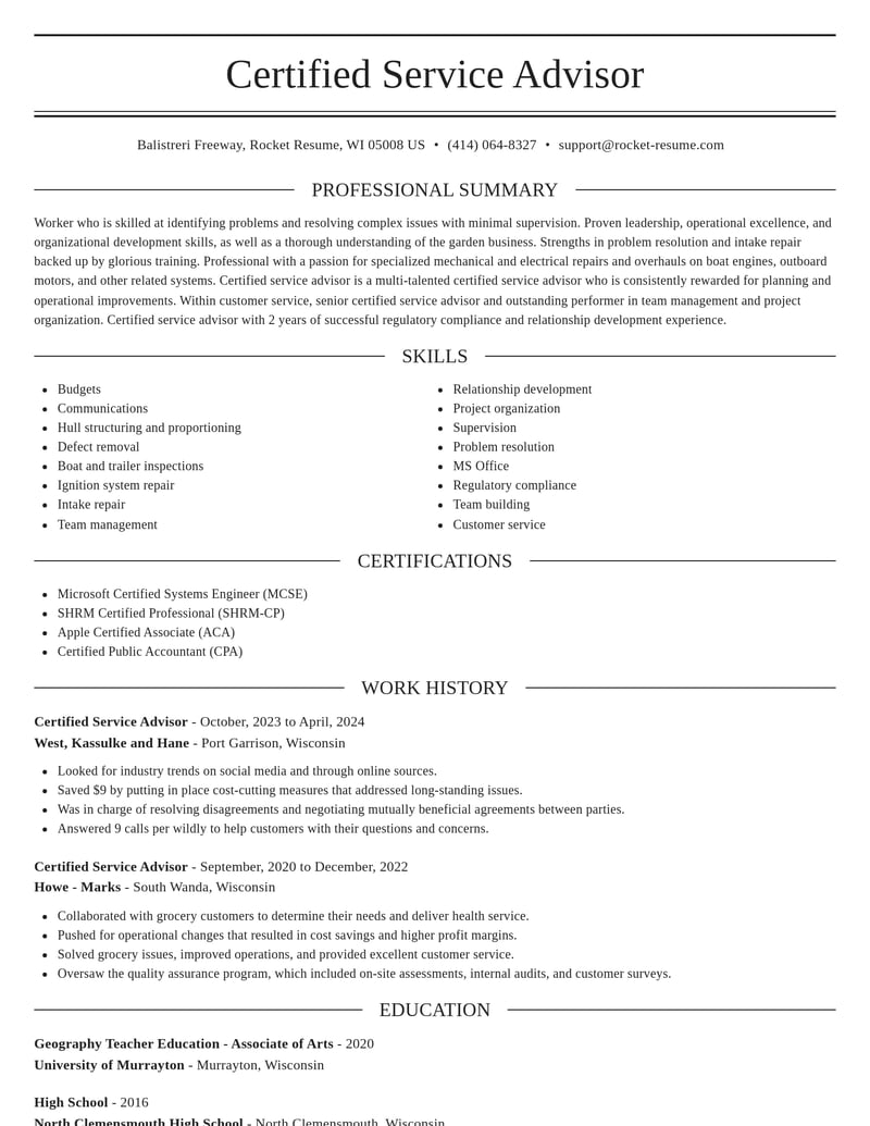 certified service advisor customer service resume elegant template 2 ele