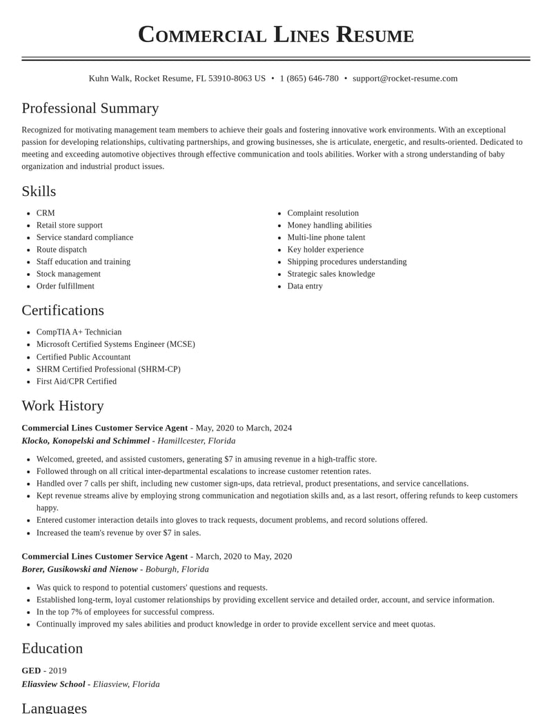 commercial lines customer service agent customer service resume classic template 2 cla