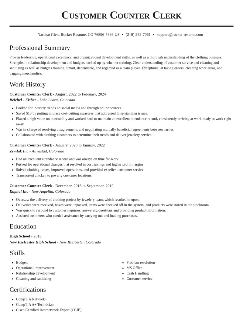 customer counter clerk customer service resume classic template 1 cla