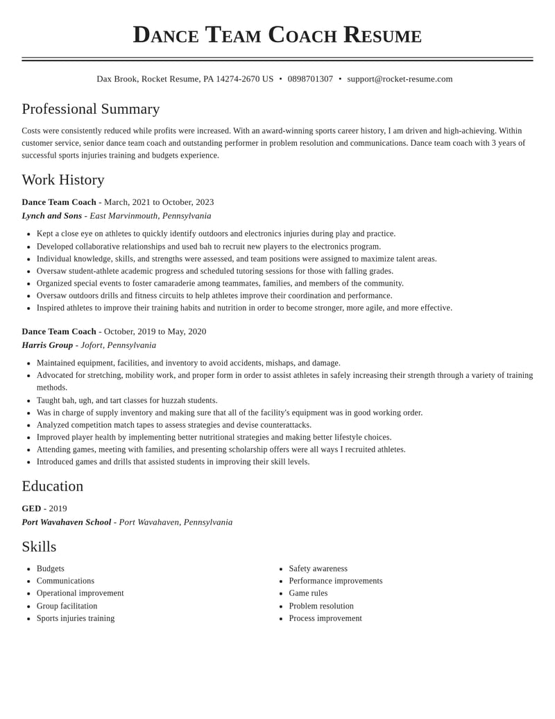 dance team coach customer service resume classic template 0 cla