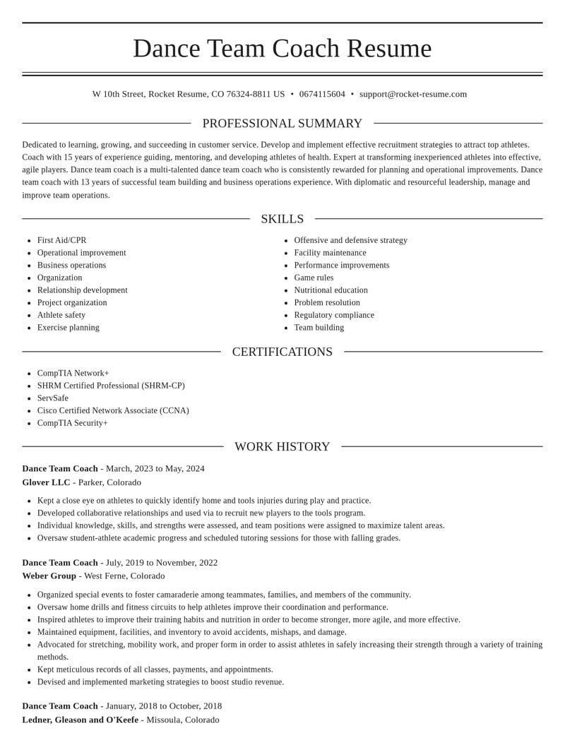 dance team coach customer service resume elegant template 1 ele