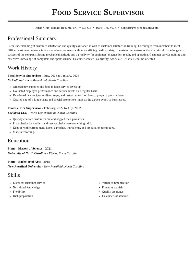 food service supervisor customer service resume classic template 2 cla