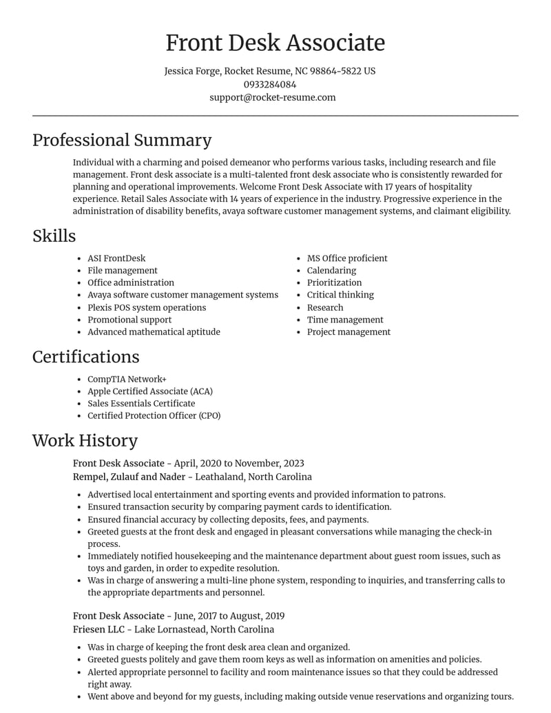 front desk associate customer service resume focal point template 2 foc
