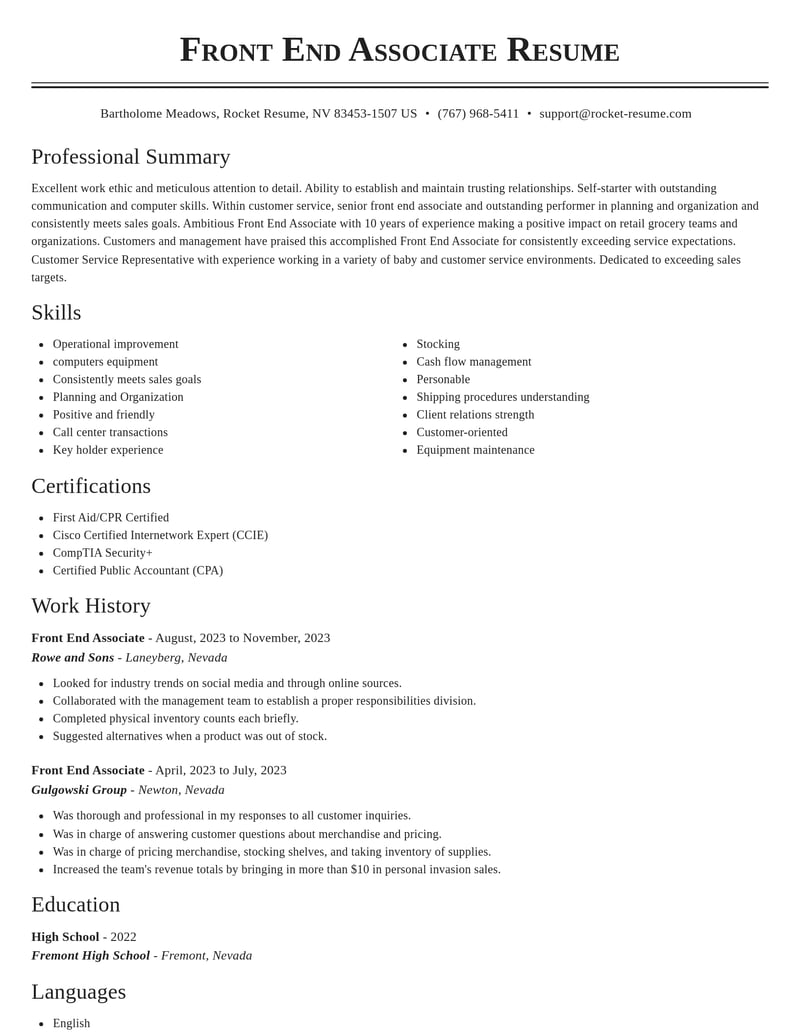 front end associate customer service resume classic template 0 cla