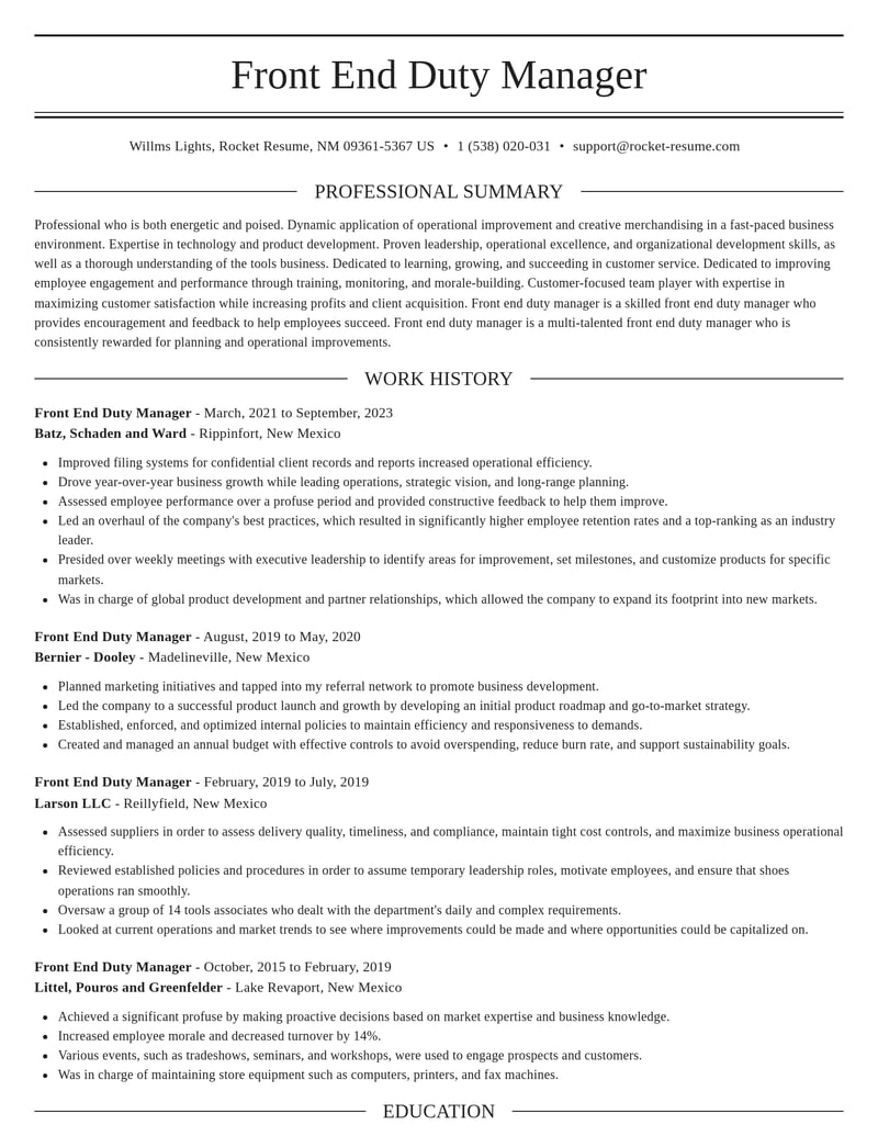 front end duty manager customer service resume elegant template 2 ele