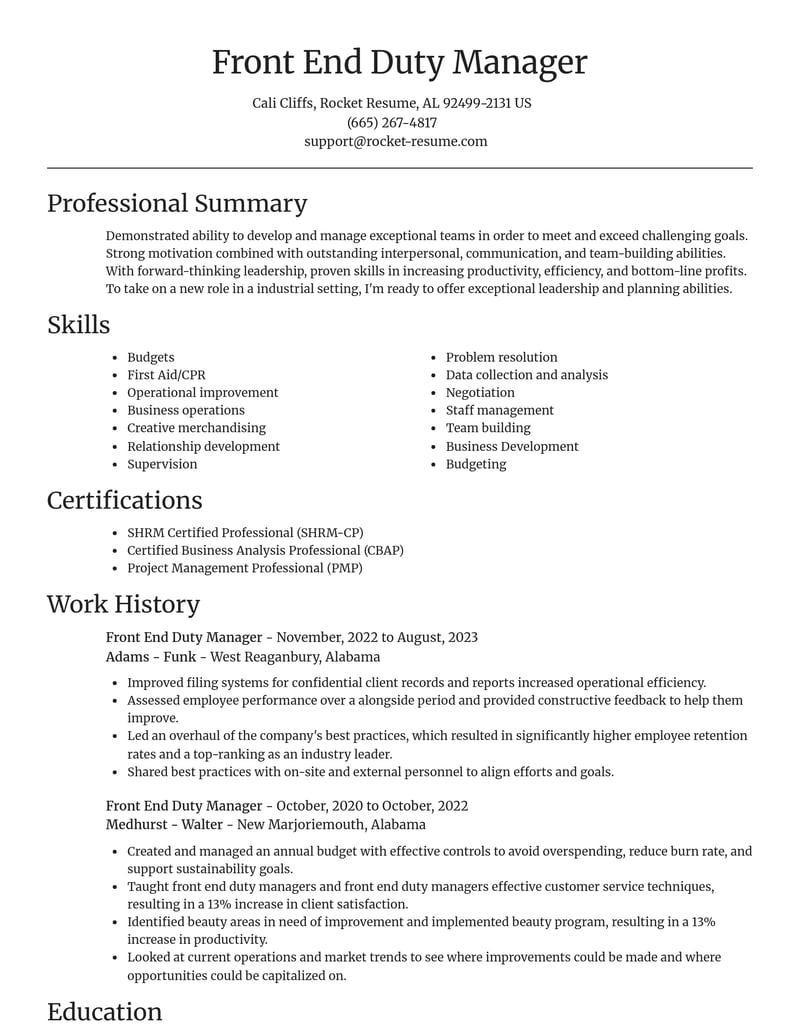 front end duty manager customer service resume focal point template 2 foc