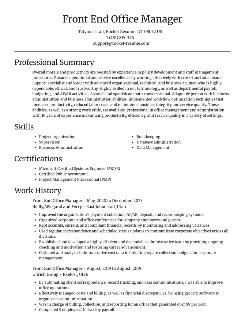 front end office manager customer service resume focal point template 2 foc