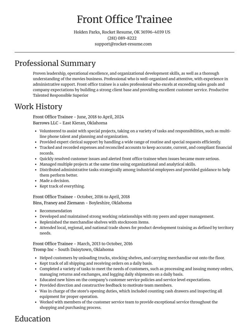 front office trainee customer service resume focal point template 2 foc