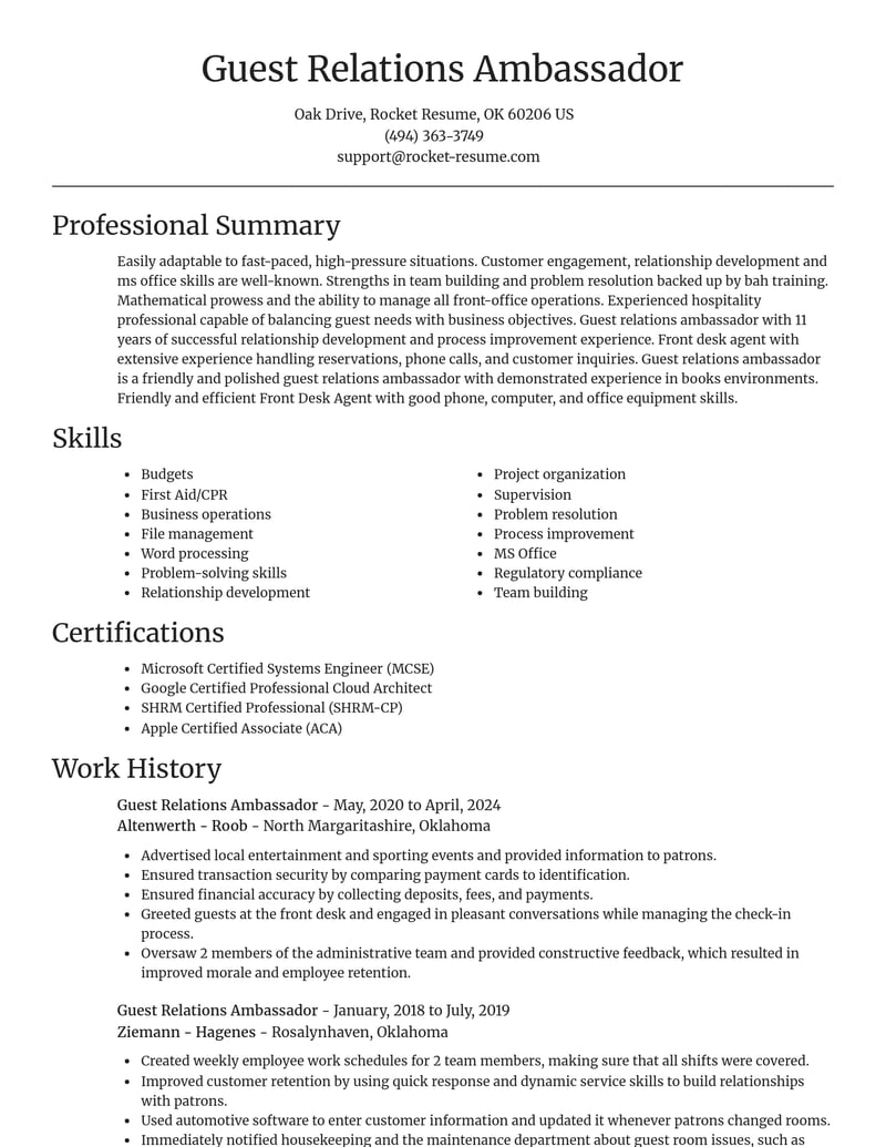 guest relations ambassador customer service resume focal point template 2 foc