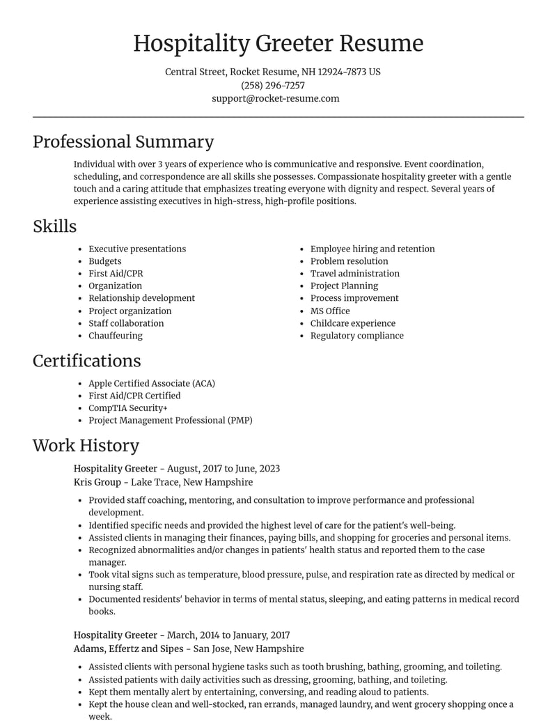 hospitality greeter customer service resume focal point template 0 foc