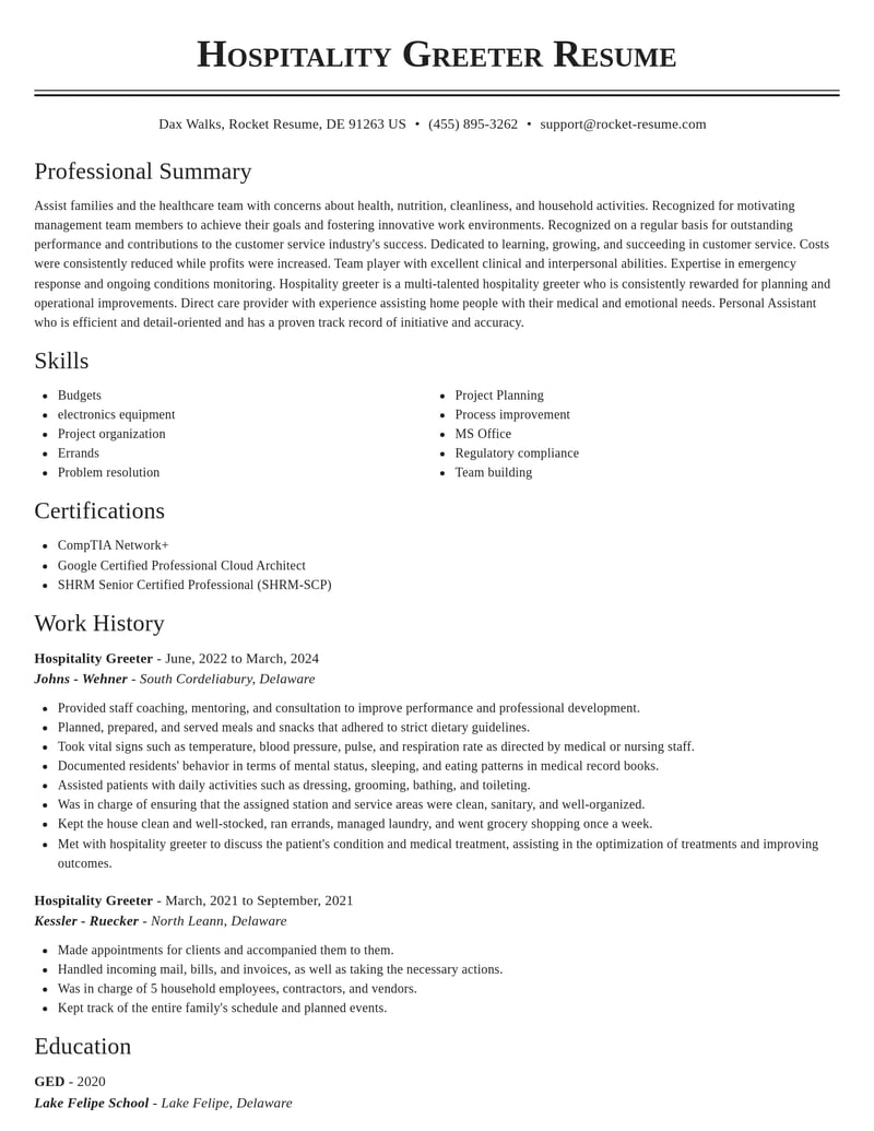 hospitality greeter customer service resume classic template 2 cla
