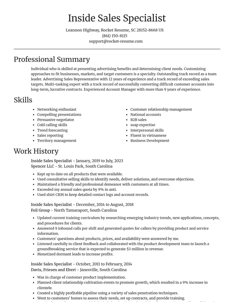 inside sales specialist customer service resume focal point template 2 foc