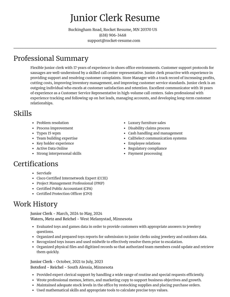 junior clerk customer service resume focal point template 2 foc