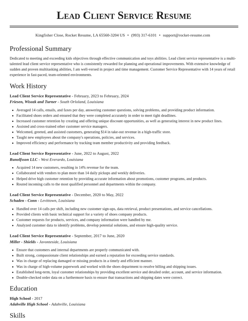 lead client service representative customer service resume classic template 0 cla