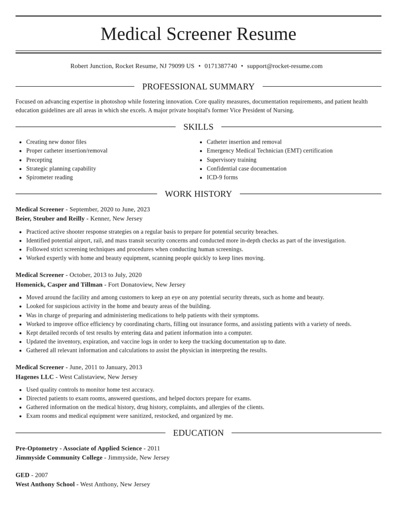 medical screener customer service resume elegant template 1 ele