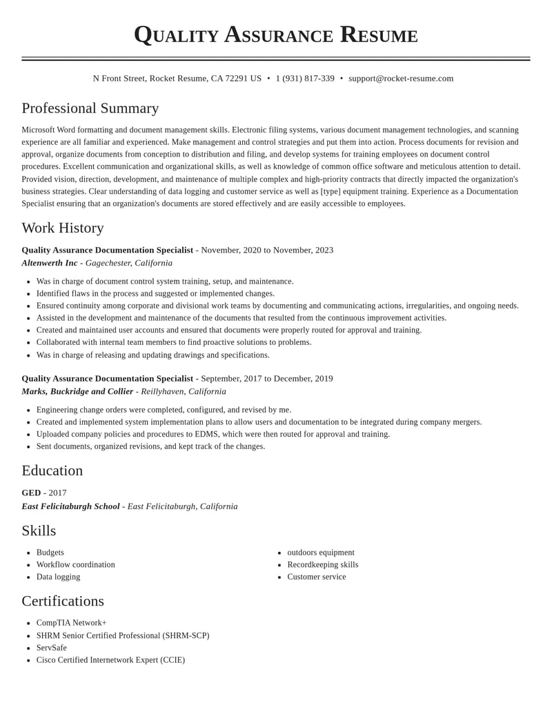 quality assurance documentation specialist customer service resume classic template 2 cla