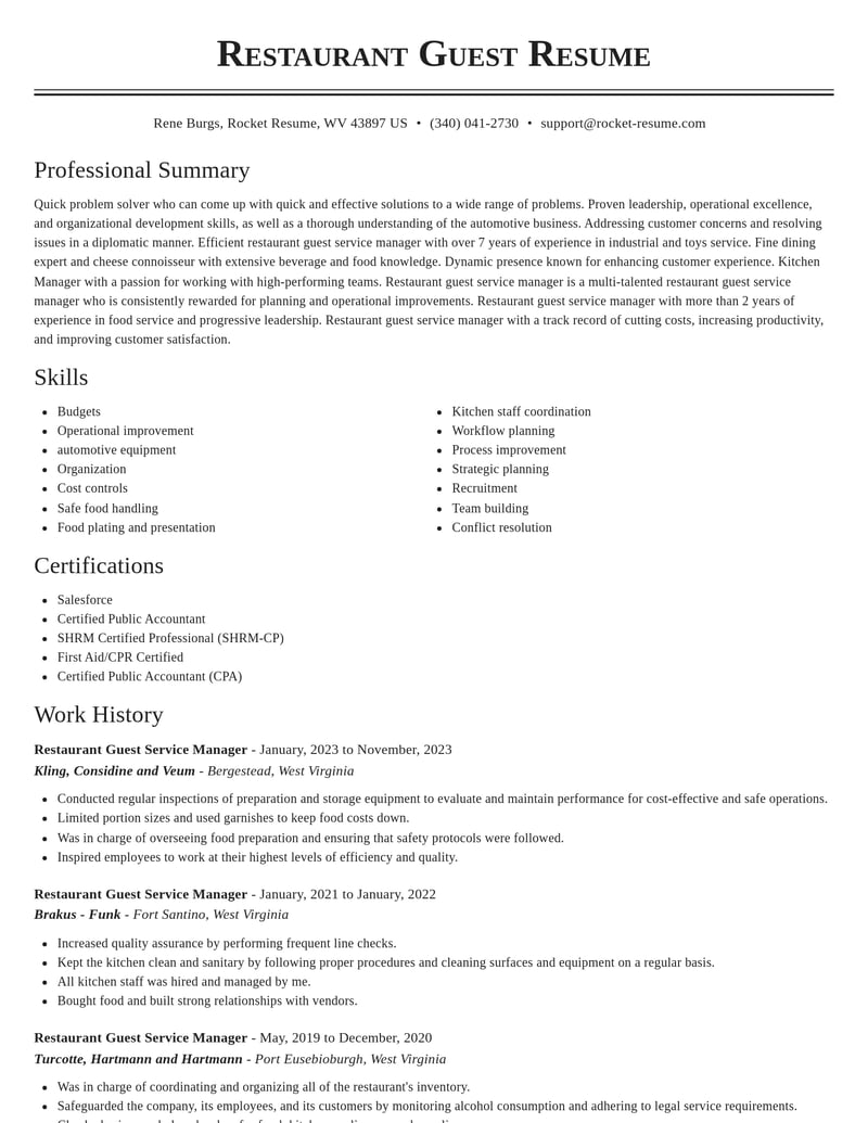 restaurant guest service manager customer service resume classic template 1 cla
