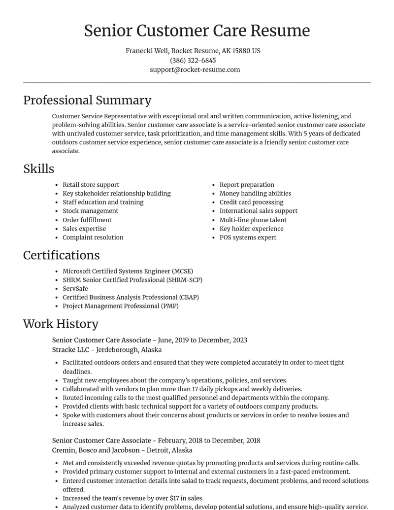 senior customer care associate customer service resume focal point template 0 foc