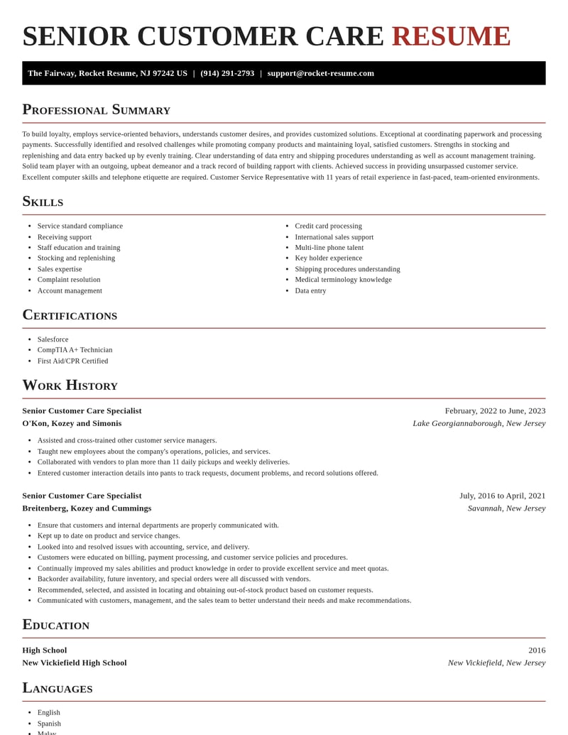 senior customer care specialist customer service resume exquisite template 1 exq