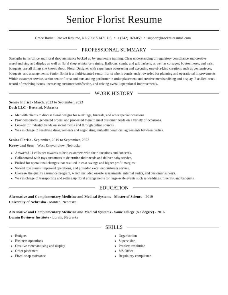 senior florist customer service resume elegant template 0 ele