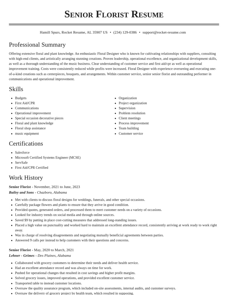 senior florist customer service resume classic template 1 cla