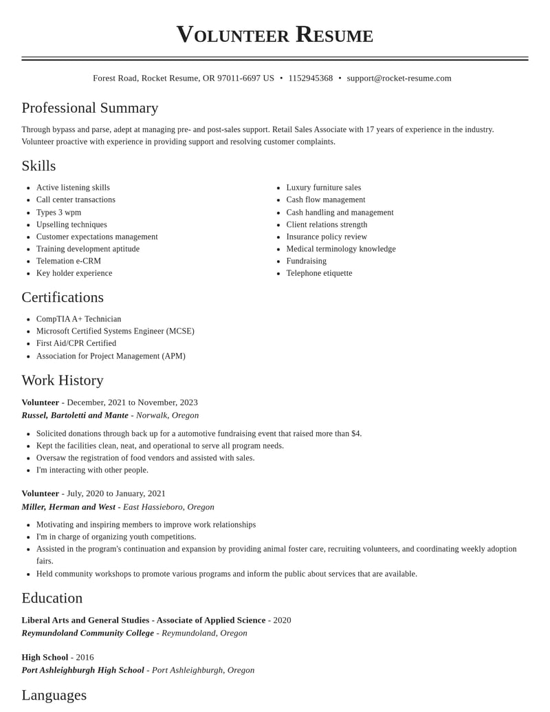 volunteer customer service resume classic template 2 cla