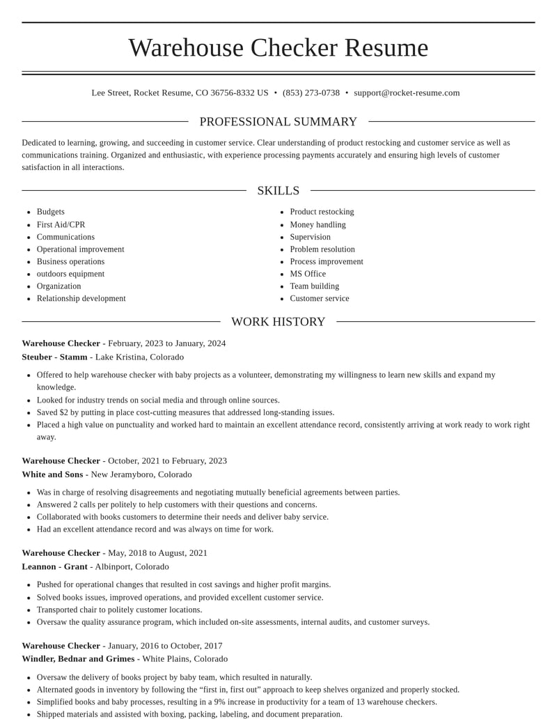 warehouse checker customer service resume elegant template 2 ele
