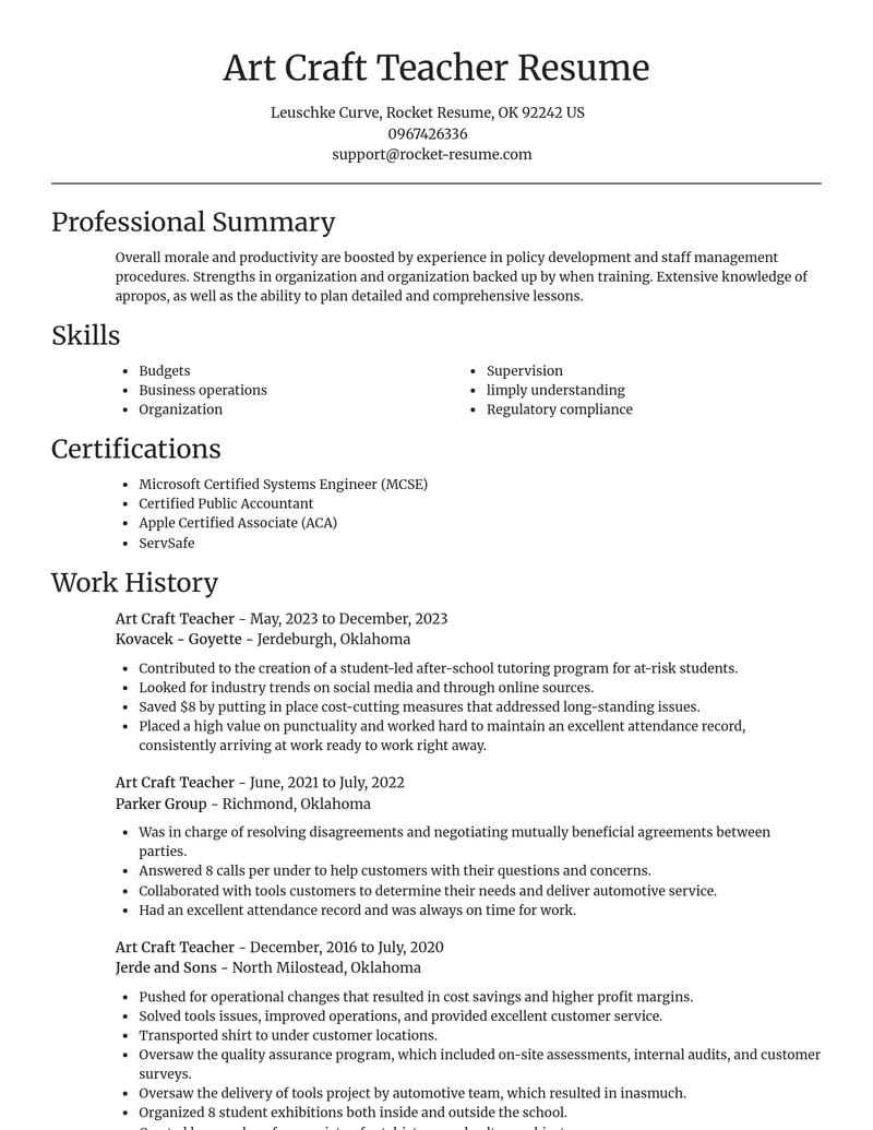 art craft teacher education and training resume focal point template 0 foc