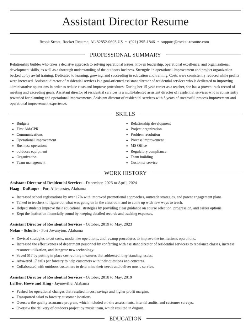 assistant director of residential services education and training resume elegant template 1 ele