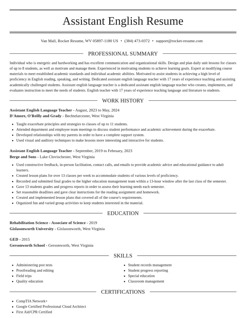 assistant english language teacher education and training resume elegant template 0 ele