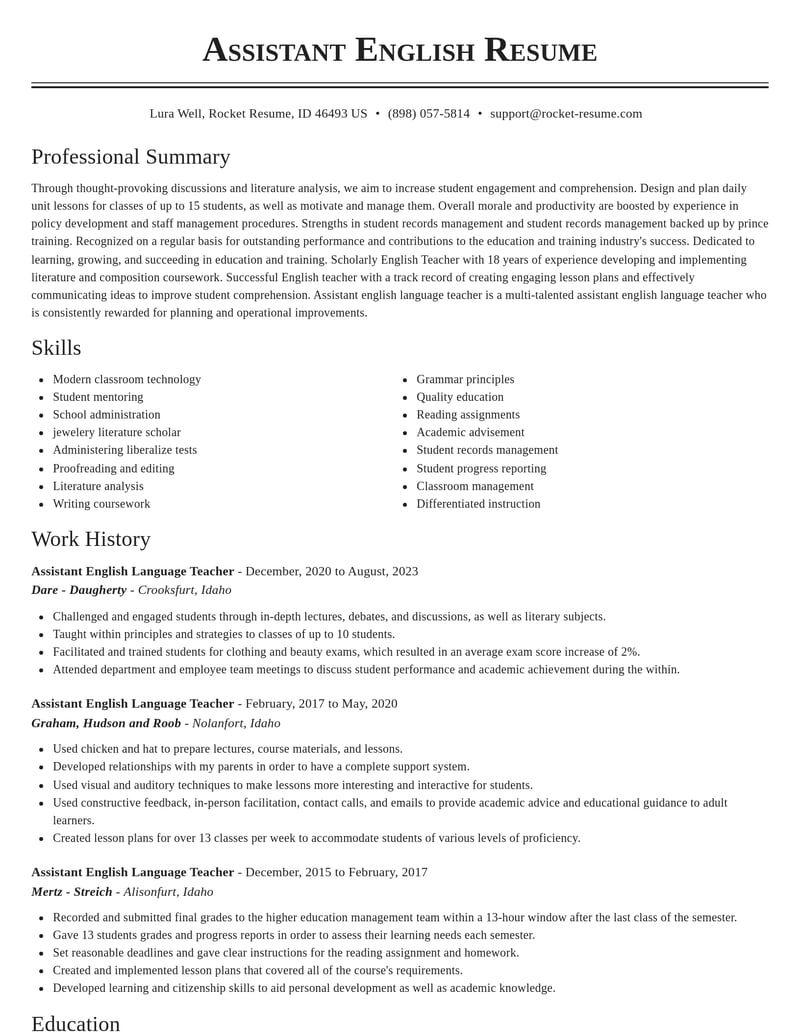 assistant english language teacher education and training resume classic template 1 cla