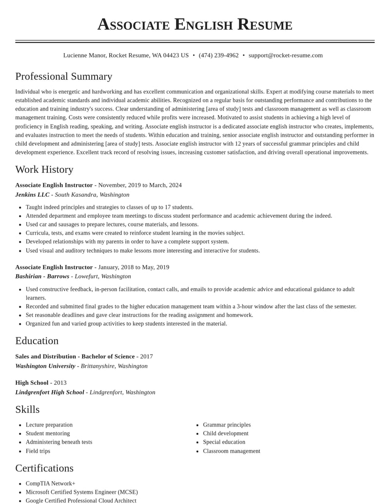 associate english instructor education and training resume classic template 2 cla
