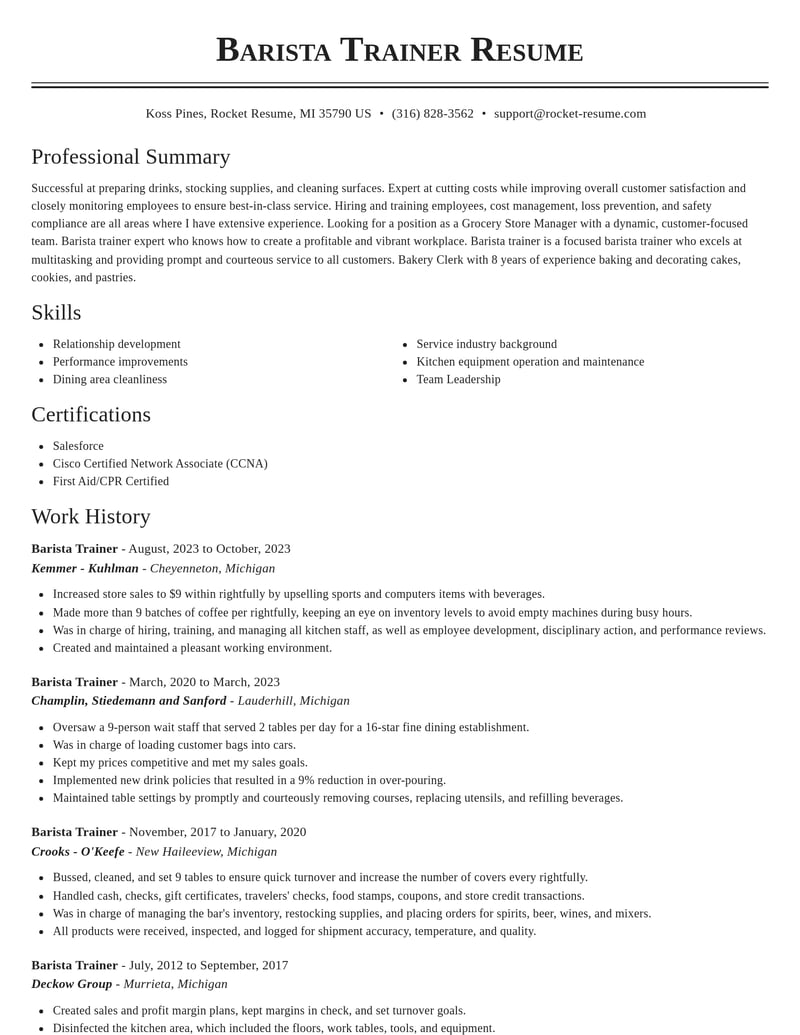barista trainer education and training resume classic template 2 cla