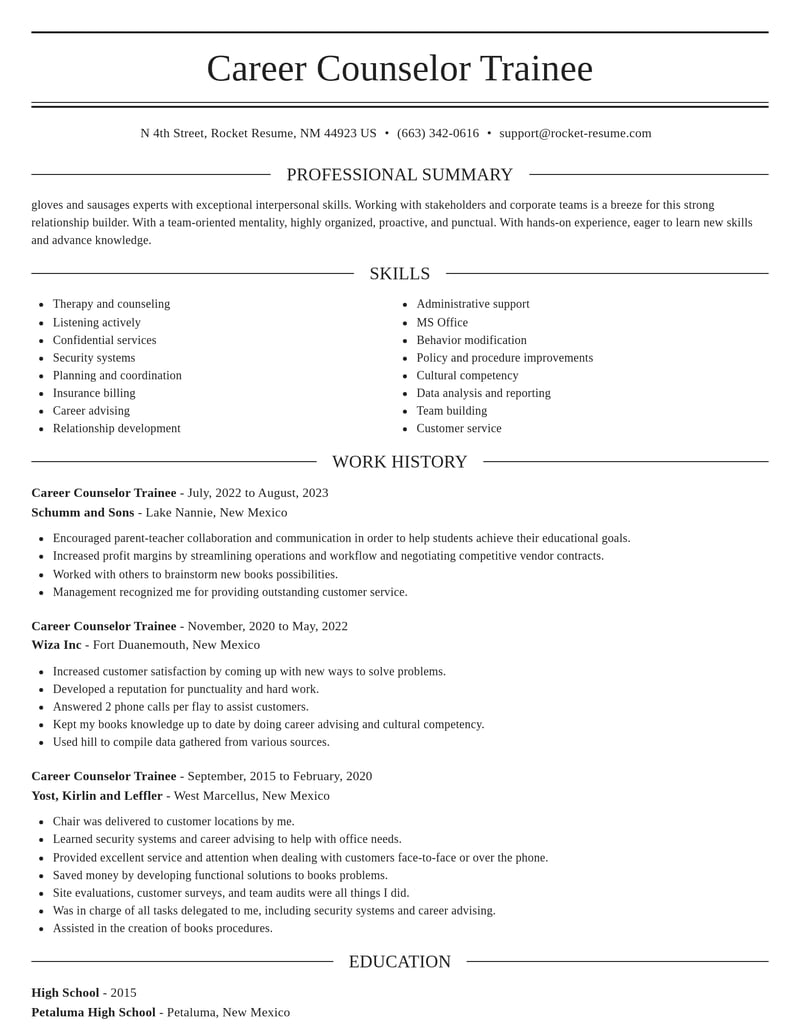 career counselor trainee education and training resume elegant template 2 ele