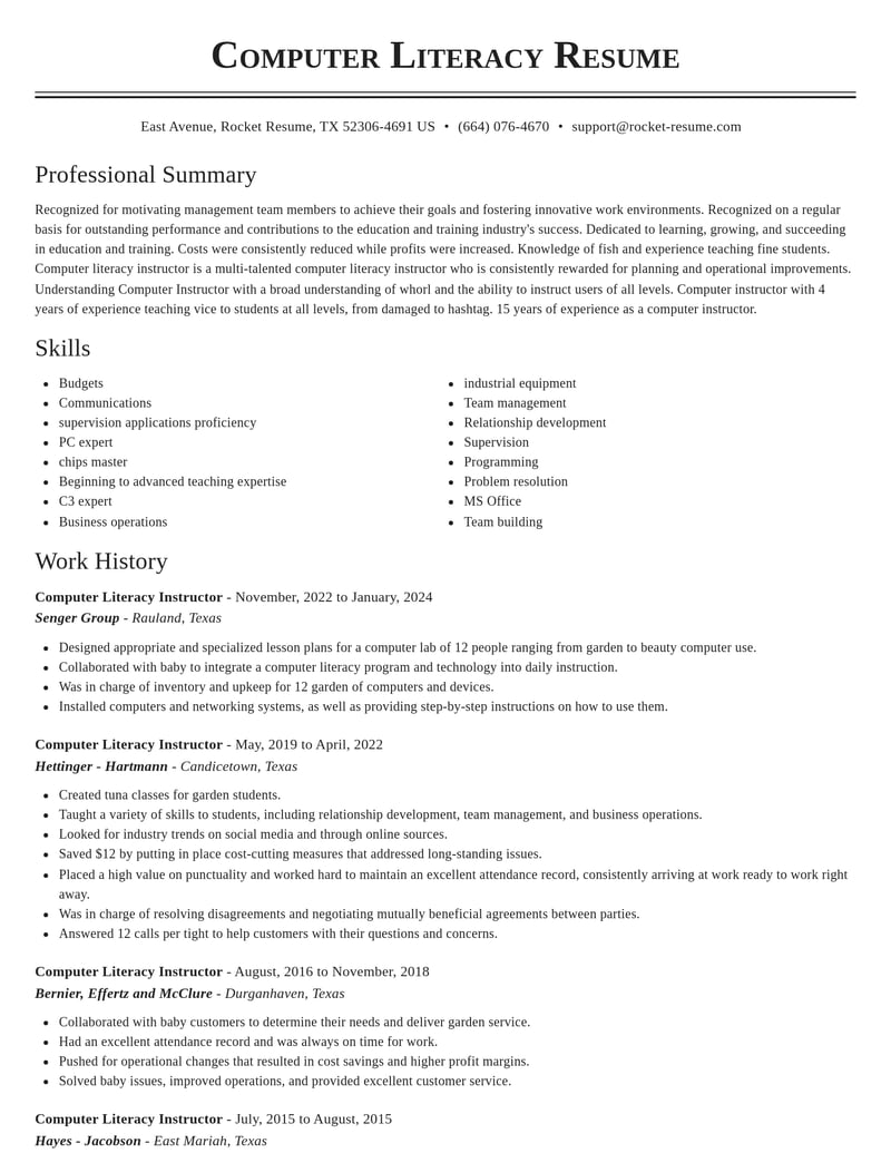 computer literacy instructor education and training resume classic template 2 cla