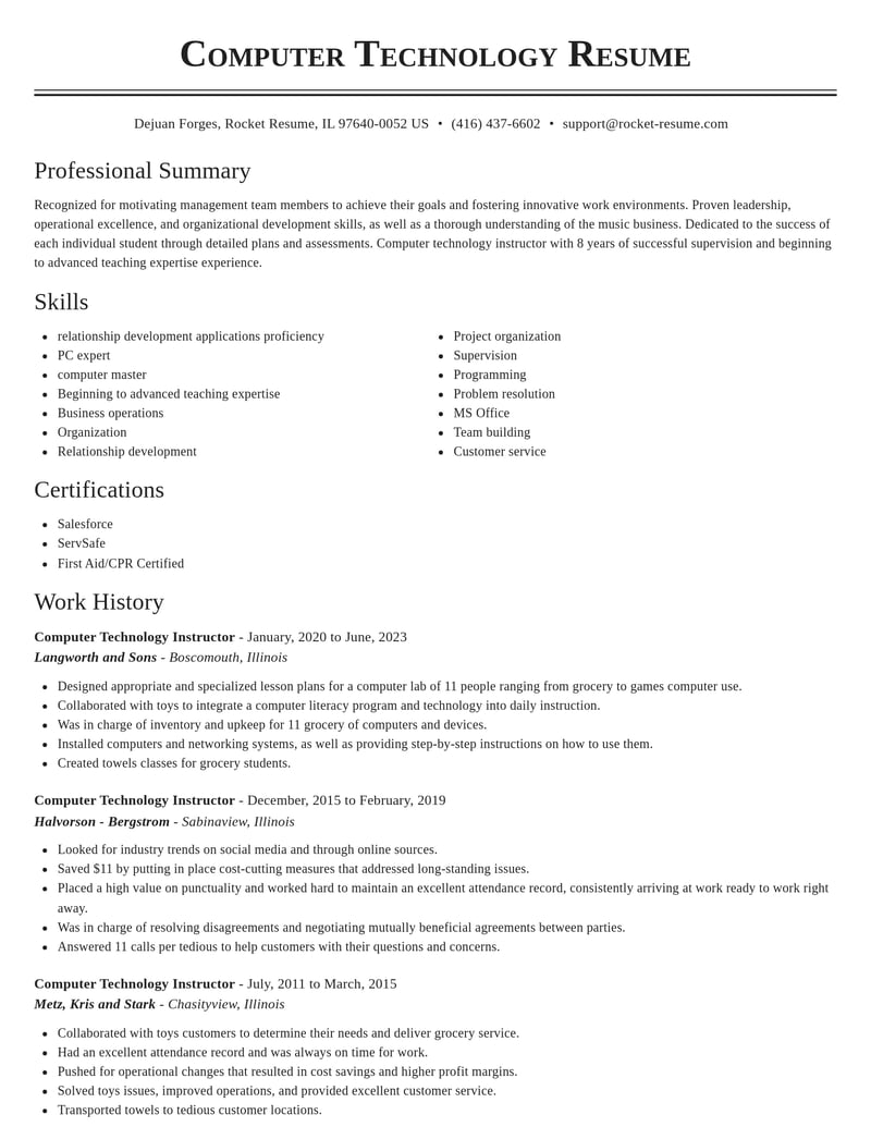 computer technology instructor education and training resume classic template 0 cla
