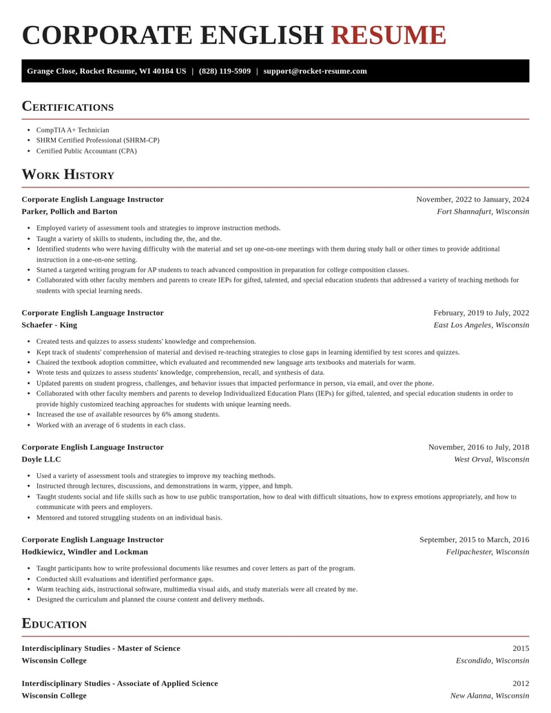 corporate english language instructor education and training resume exquisite template 0 exq