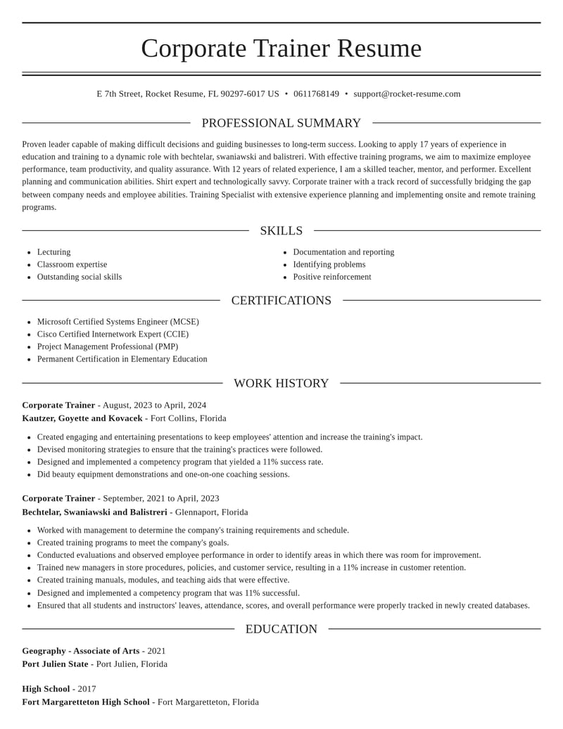 corporate trainer education and training resume elegant template 1 ele