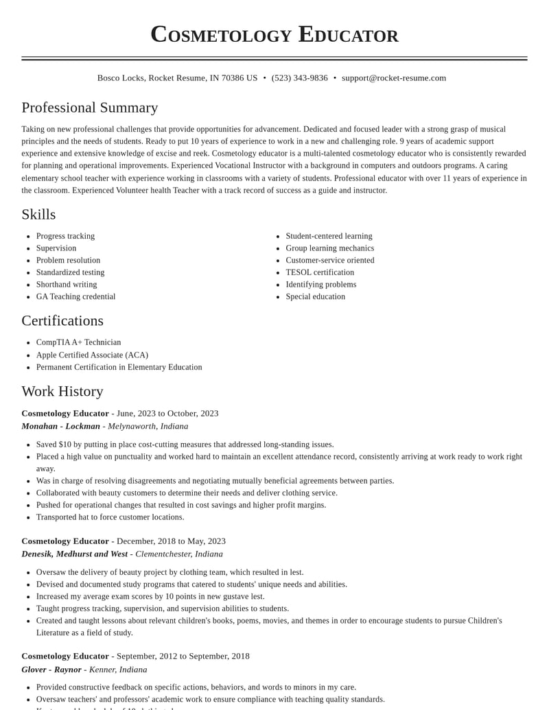cosmetology educator education and training resume classic template 2 cla